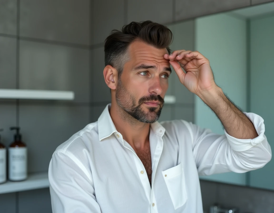 Homme appliquant un sérum capillaire contre la chute des cheveux dans une salle de bain moderne avec des produits de soin posés sur une étagère