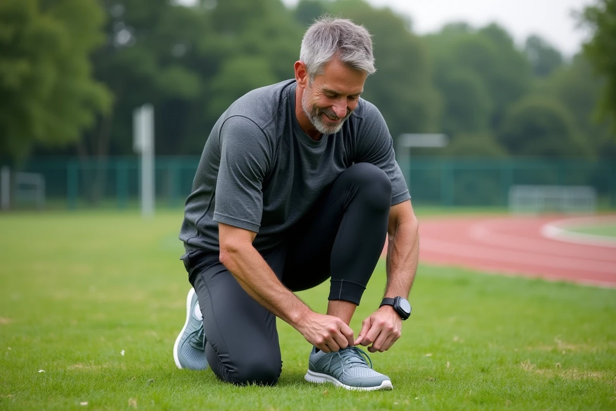 Homme attachant ses chaussures de course dans un parc