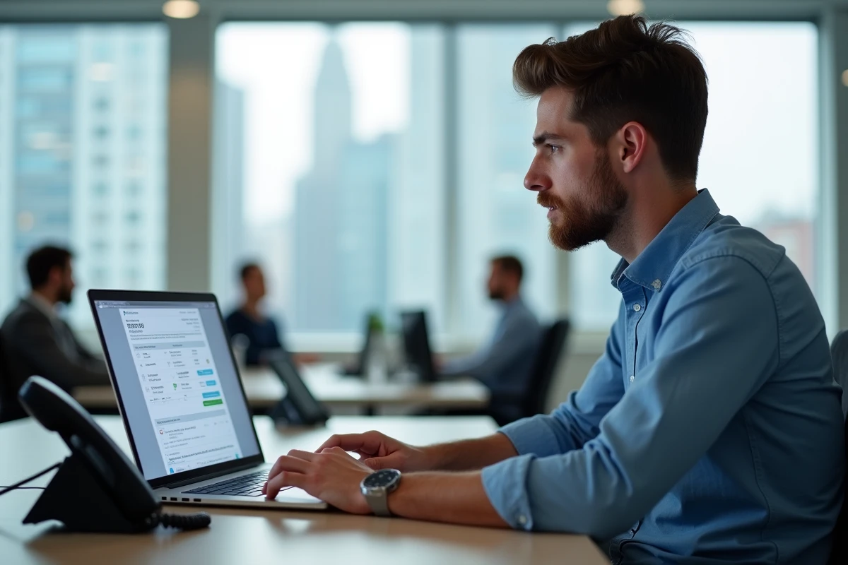 Homme consultant une facture téléphonique sur ordinateur portable dans un bureau moderne, en rapport avec les tarifs des numéros commençant par 05