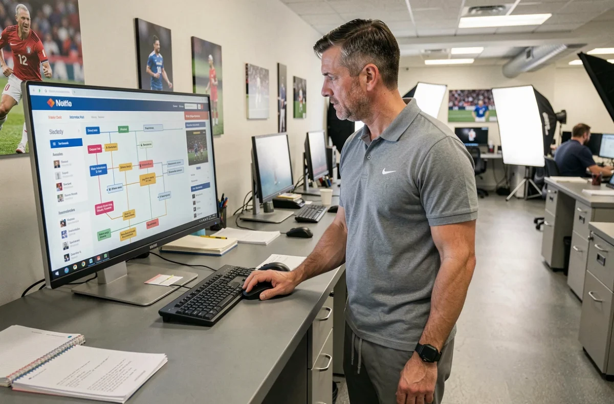 Homme parcourant la navigation d'un site sportif sur un grand écran dans une salle de rédaction sportive