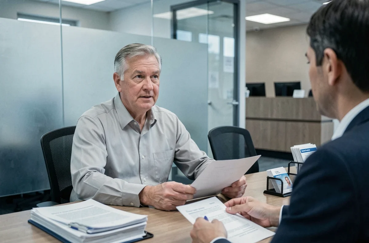 Homme senior en rendez-vous avec un conseiller en mutuelle santé dans une agence d'assurance