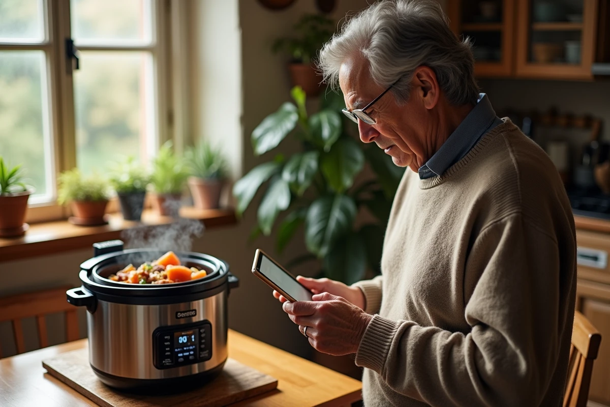 Homme âgé lit une recette sur une tablette dans la cuisine chaleureuse