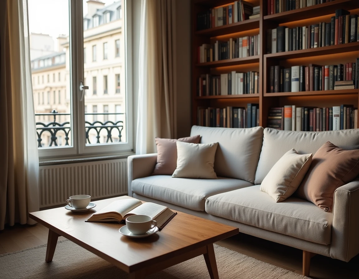 Intérieur d'appartement parisien chaleureux et discret évoquant la vie privée et le foyer intime d'un couple journaliste