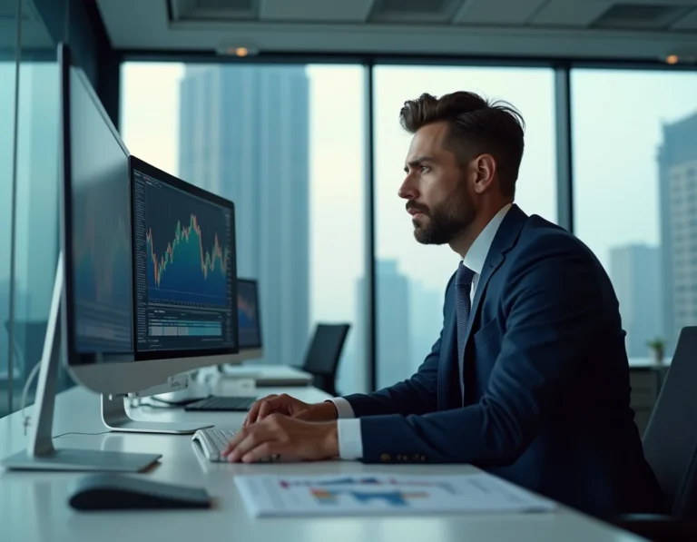 Investisseur professionnel analysant des graphiques financiers sur un grand écran dans un bureau moderne