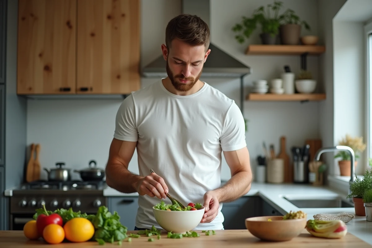 Jeune homme préparant une salade dans une cuisine moderne