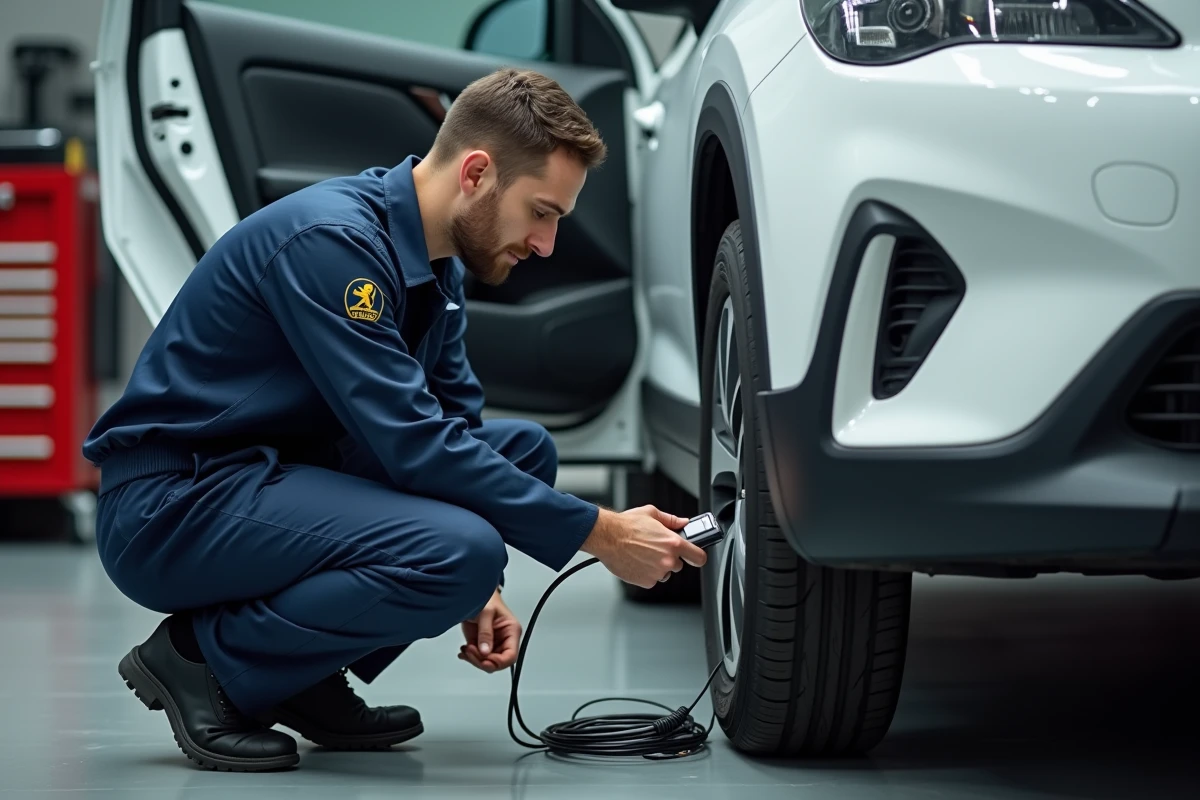 Mécanicien connectant un scanner OBD2 sur une Peugeot 2008 blanche dans un garage automobile pour diagnostiquer le voyant service allumé