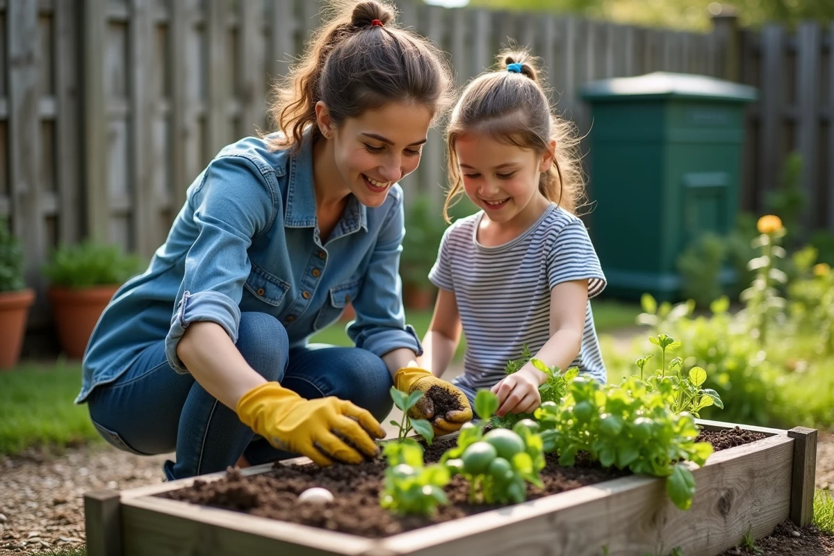 Mère et fille adolescente jardinent ensemble dans un potager surélevé en bois dans un jardin de maison ensoleillé