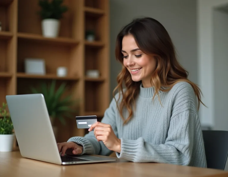 Femme payant un voyage Opodo en plusieurs fois avec sa carte bancaire sur un ordinateur portable