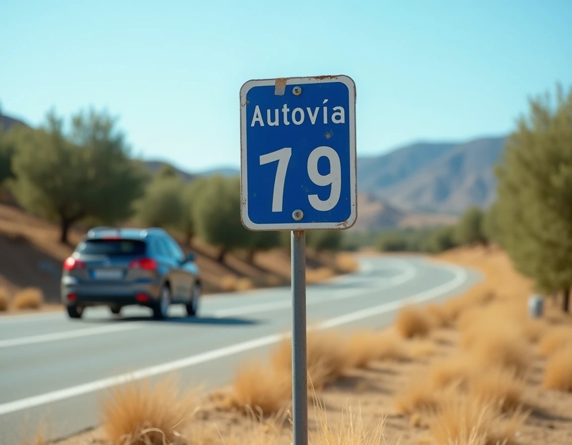 Panneau d'entrée d'une autovía espagnole gratuite en bord de route avec végétation andalouse en arrière-plan