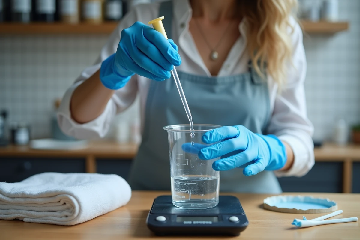 Femme utilisant une pipette graduée pour doser l'eau au millilitre près dans un récipient de mélange posé sur une balance de précision
