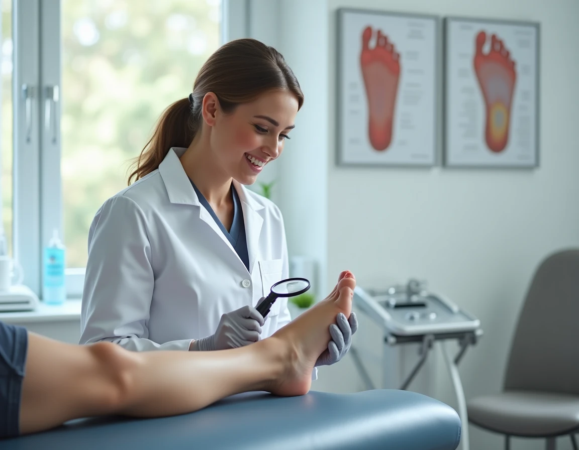 Podologue examinant la corne sur le talon d'un sportif lors d'une consultation médicale