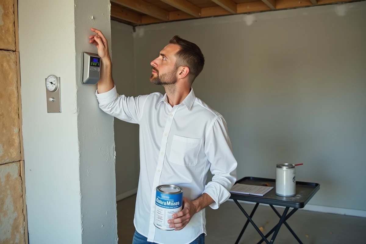 Artisan vérifiant l'hygrométrie et la température du chantier avant d'ajuster le ratio de dilution de sa peinture à l'eau