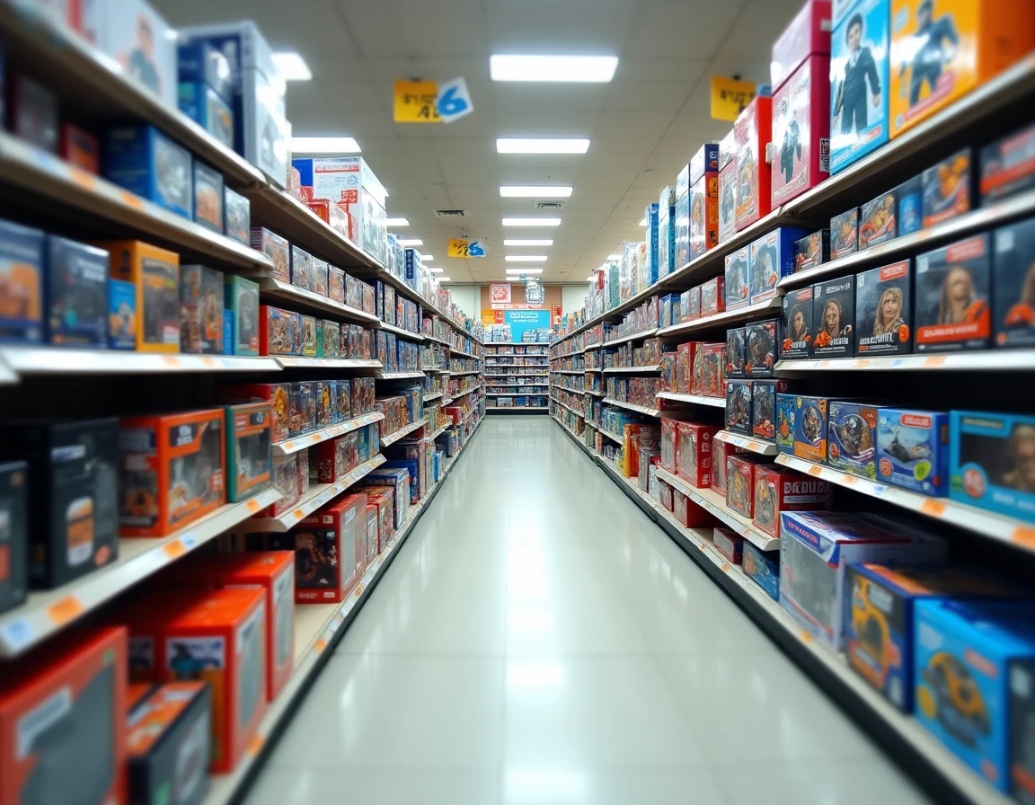 Rayon de magasin de jouets moderne avec figurines, jeux de société et véhicules télécommandés tendance