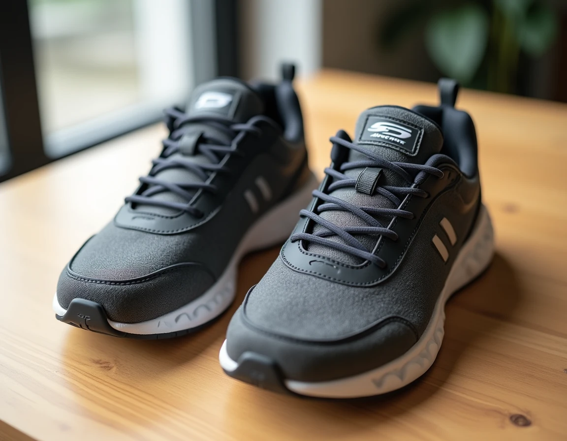 Paire de chaussures Skechers authentiques posée sur une table en bois, vue de dessus montrant le logo et la qualité des matériaux pour identifier les vraies Skechers