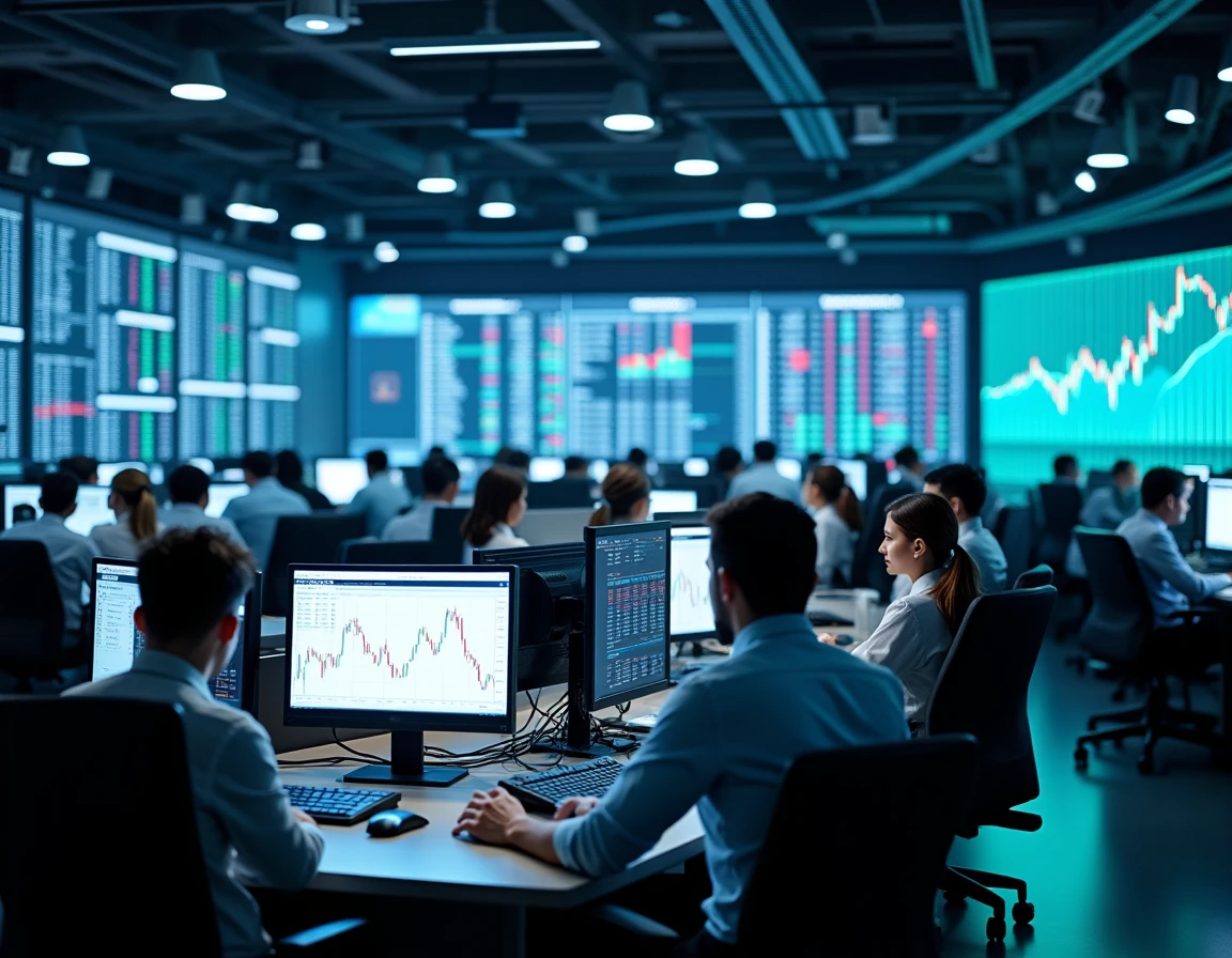 Vue d'ensemble d'une salle de trading animée avec des écrans affichant des données de marchés financiers en temps réel
