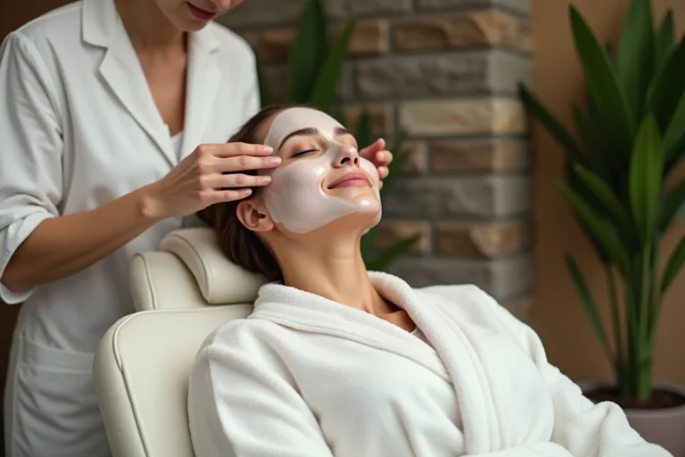 Femme détendue recevant un soin visage dans un spa moderne