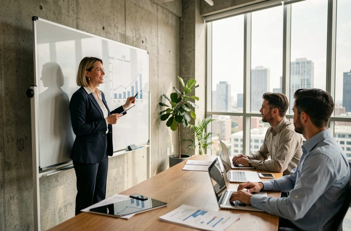 Femme d'affaires présentant une stratégie B2B sur un tableau blanc dans un bureau moderne
