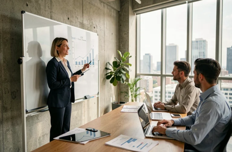 Femme d'affaires présentant une stratégie B2B sur un tableau blanc dans un bureau moderne