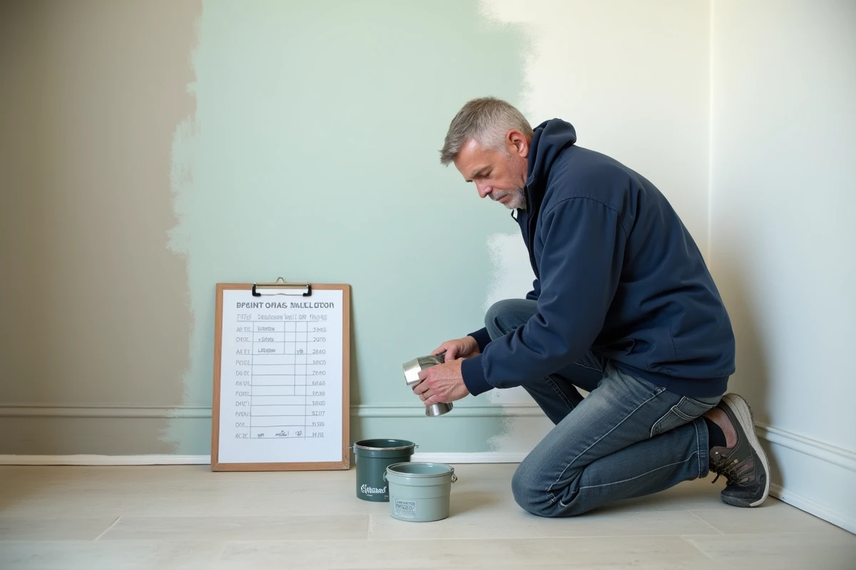Peintre comparant le taux de dilution adapté selon le support et la couche de peinture concernée sur deux surfaces différentes