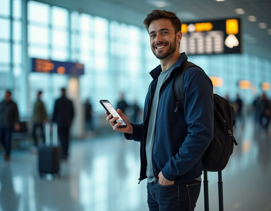 Voyageur consultant la confirmation de paiement en plusieurs fois Opodo sur son smartphone à l'aéroport