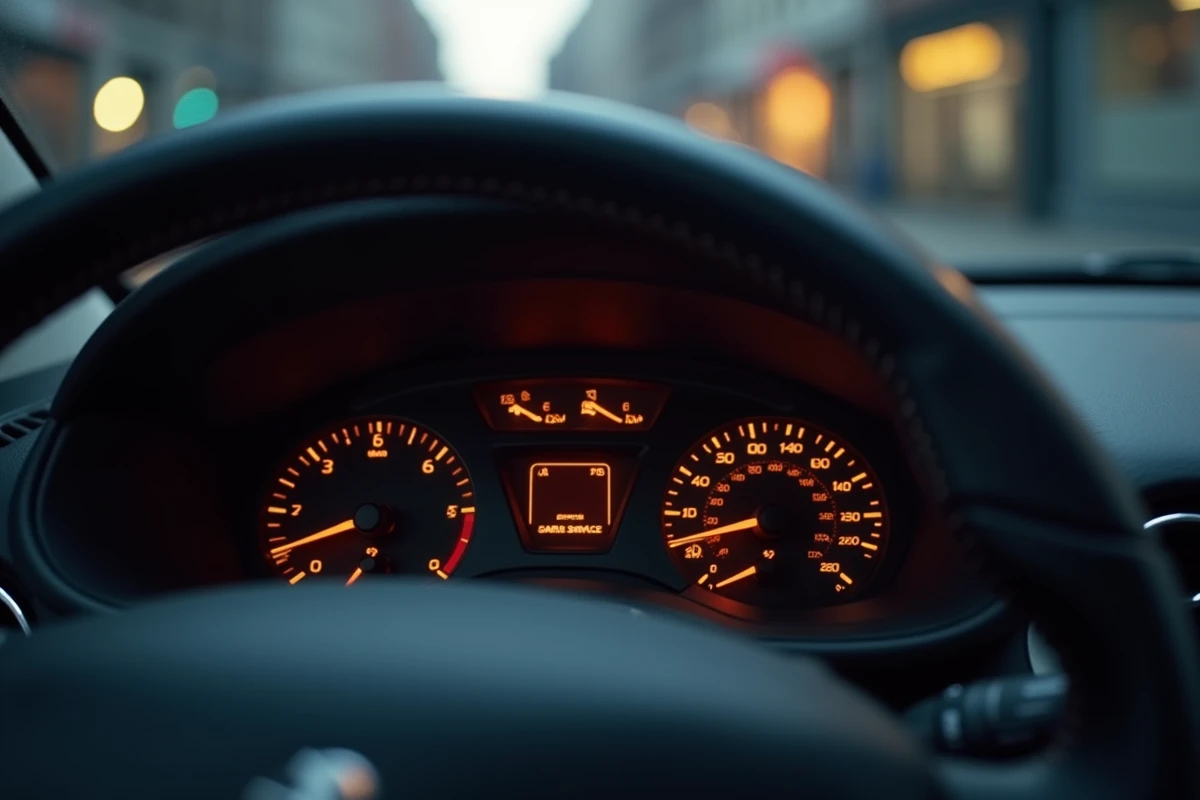 Gros plan sur le voyant service orange allumé sur le tableau de bord d'une Peugeot 2008, vue depuis le siège conducteur